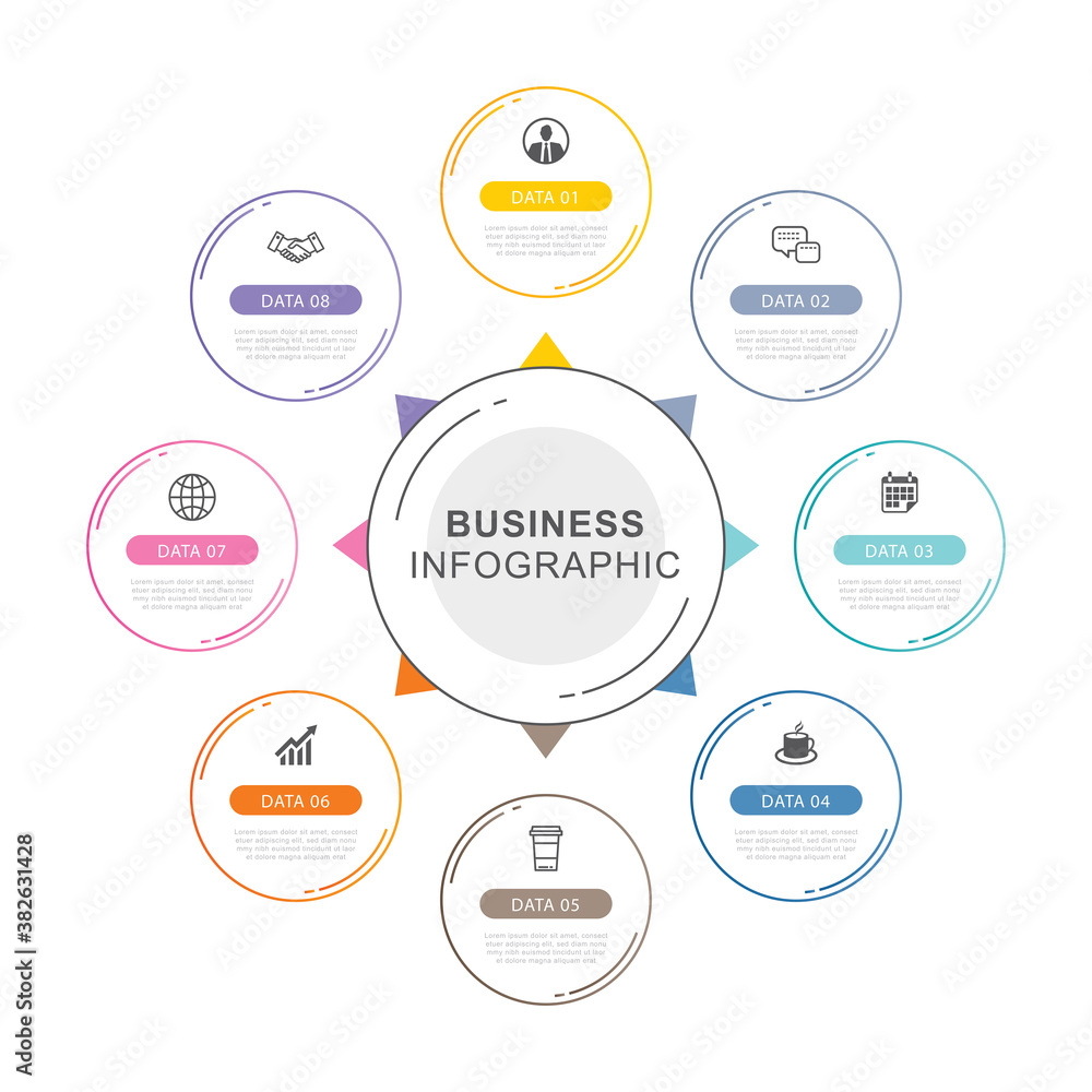 8 circle data timeline infographics template with thin line design. Vector illustration abstract background. Can be used for workflow layout, business step, banner, web design. 8 circle data timeline infographics template with thin line design. Vector illustration abstract background. Can be used for workflow layout, business step, banner, web design.