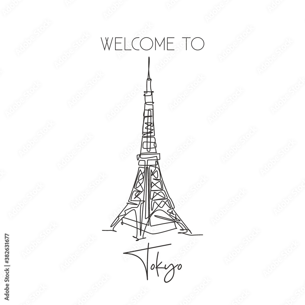 Fototapeta Depok, Indonezja - 1 sierpnia 2019: Pojedyncza ciągła linia rysująca punkt orientacyjny Tokyo Tower. Piękno kultowego miejsca w Tokio w Japonii. Świat podróży do domu dekoracje ścienne plakat koncepcja druku. Ilustracja wektorowa