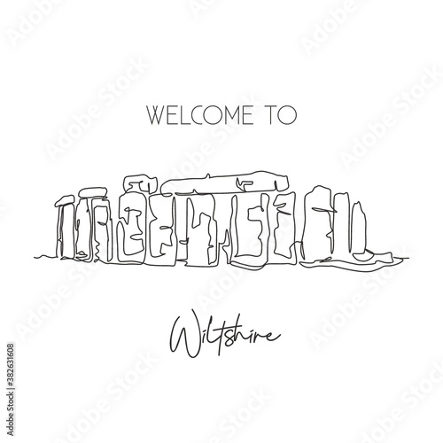 Single continuous line drawing Stonehenge prehistoric landmark. Famous old place in Wiltshire England. World travel home art wall decor poster print concept. One line draw design vector illustration