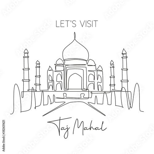 One single line drawing Taj Mahal mosque landmark. World iconic place in Agra, India. Tourism travel postcard wall decor home art poster concept. Modern continuous line draw design vector illustration