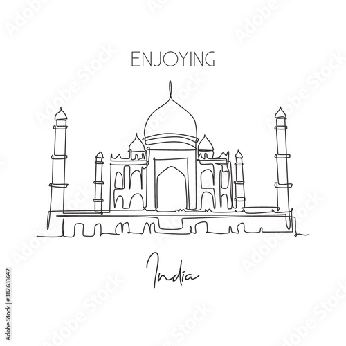 Single continuous line drawing Taj Mahal palace landmark. Beauty famous place in Agra, India. World travel home wall decor art poster print concept. Modern one line draw design vector illustration