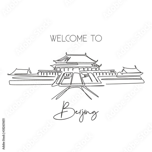 One single line drawing Forbidden City landmark. World iconic place in Beijing China. Tourism travel postcard home art wall decor poster concept. Modern continuous line draw design vector illustration