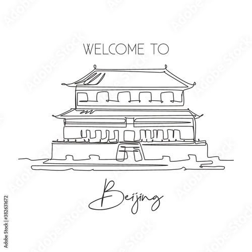 One continuous line drawing Forbidden City Palace landmark. World iconic place in Beijing, China. Holiday vacation home wall art decor poster print. Modern single line draw design vector illustration