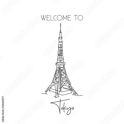 Fototapeta Naklejka Na Ścianę i Meble -  Depok, Indonesia - August 1, 2019: Single continuous line drawing Tokyo Tower landmark. Beauty iconic place in Tokyo, Japan. World travel home wall decor art poster print concept. Vector illustration