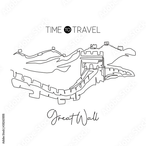 One continuous line drawing Great Wall of Badaling landmark. World famous place in Beijing, China. Holiday home decor wall art poster print concept. Modern single line draw design vector illustration