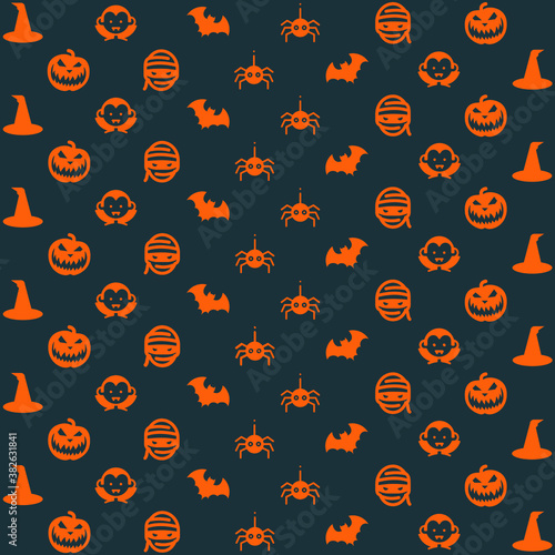 Bat spider vampire hat mummy face scary pumpkin face Halloween party orange repeat pattern dark background