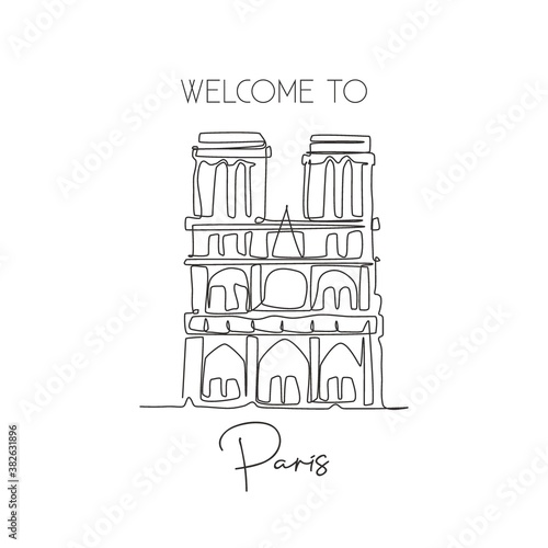 One single line drawing Notre-Dame landmark. World iconic famous place in Paris France. Tourism travel postcard wall home decor poster art print. Modern continuous line draw design vector illustration