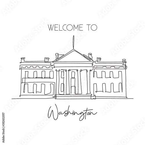 Single continuous line drawing of welcome to White House landmark. Beauty famous place in Washington DC, United States. World travel campaign concept. Modern one line draw design vector illustration