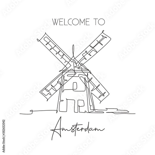 Single continuous line drawing Molen De Adriaan Windmill landmark. Beauty famous place in Netherlands. World travel home decor wall art poster concept. Modern one line draw design vector illustration photo
