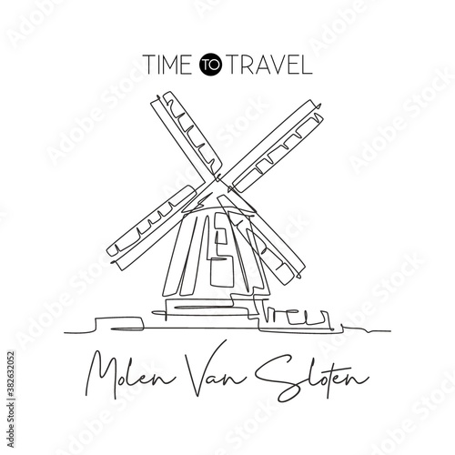 One single line drawing De Gooyer Windmill landmark. World famous place in Netherlands. Tourism travel postcard wall decor poster print concept. Modern continuous line draw design vector illustration