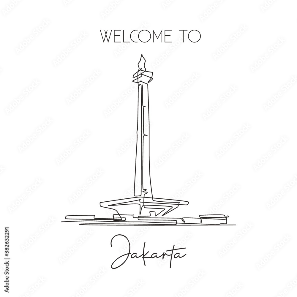 Depok, Indonesia - August 5, 2019: One single line drawing Monas landmark. World iconic famous place in Jakarta, Indonesia. Tourism travel postcard wall decor poster art concept. Vector illustration Depok, Indonesia - August 5, 2019: One single line drawing Monas landmark. World iconic famous place in Jakarta, Indonesia. Tourism travel postcard wall decor poster art concept. Vector illustration