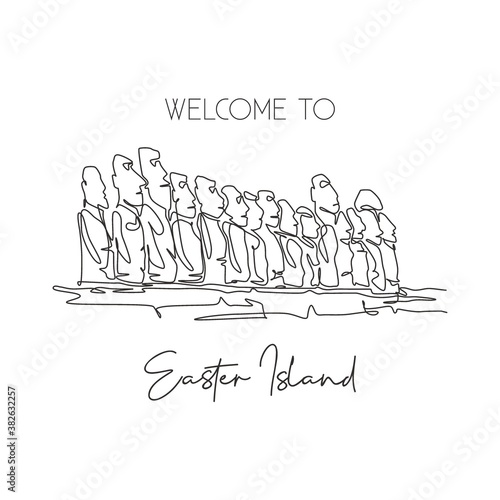 One single line drawing Moai Statue landmark. World famous place in Easter Island. Tourism travel home wall decor poster print postcard concept. Modern continuous line draw design vector illustration