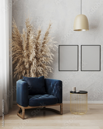 Poster frame mock up in modern living room interior background with dark blue armchair and gray wall, minimalistic scandinavian style, 3d illustration