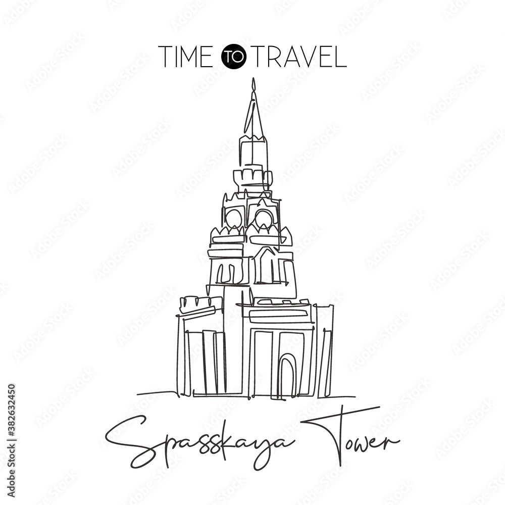 One continuous line drawing Spasskaya Tower landmark. World iconic place in Moscow Russia. Holiday vacation wall decor home art poster print concept. Modern single line draw design vector illustration