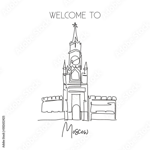 One single line drawing Spasskaya Tower landmark. World famous place in Moscow, Russia. Tourism travel postcard wall decor poster print concept. Modern continuous line draw design vector illustration