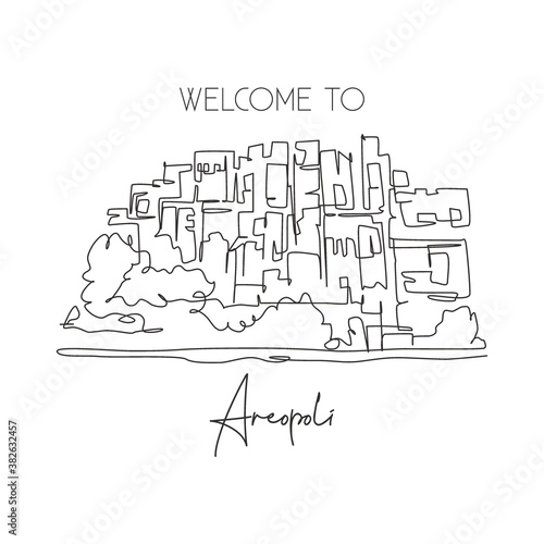 One single line drawing old Areopoli Greek village landmark. World famous place in Greece. Tourism travel postcard wall decor poster art concept. Modern continuous line draw design vector illustration