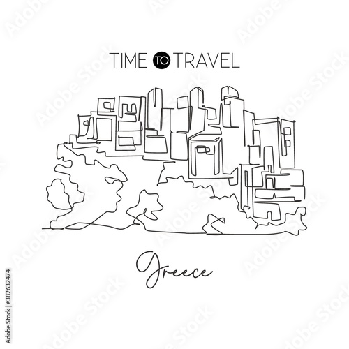 Single continuous line drawing old Areopoli Greek Village landmark. Beauty famous place in Laconia Greece. World travel wall decor poster print concept. Modern one line draw design vector illustration