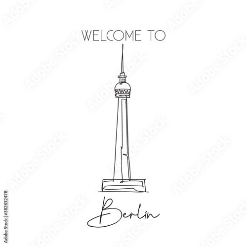 Depok, Indonesia - August 6, 2019: One single line drawing Berlin TV Tower landmark. World famous place in Berlin, Germany. Tourism travel postcard wall decor poster print concept. Vector illustration