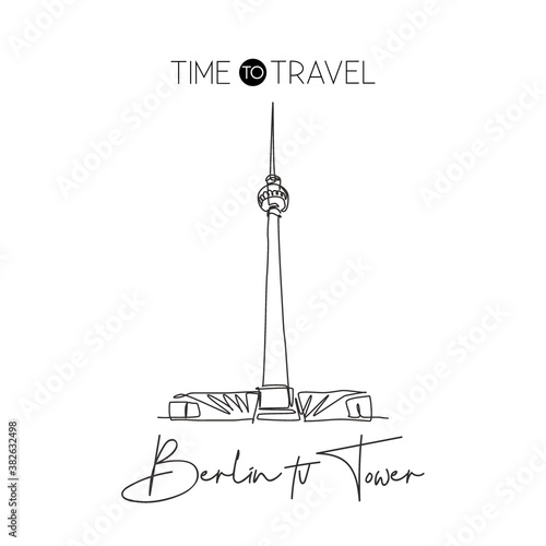 Depok, Indonesia - August 6, 2019: One continuous line drawing Berlin TV Tower landmark. World iconic place in Berlin, Germany. Holiday vacation wall decor poster print concept. Vector illustration