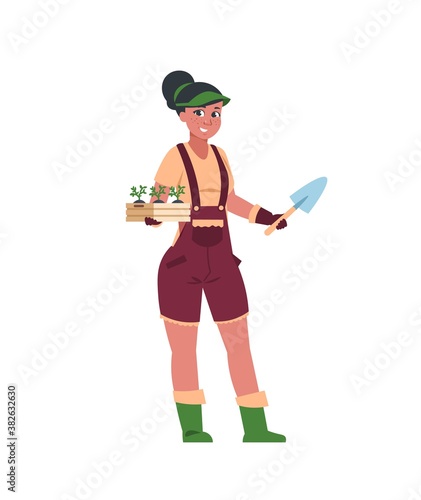 Agricultural workers. Cute girl stands with box of seedlings and shovel. Cartoon woman gardener, grow flowers and vegetables hobby. Advertising of goods for farm, garden vector agrarian illustration