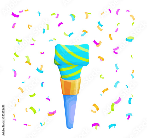 Birthday party whistle accessory. Isolated clown blower. 3d blowout isolated vector illustration. Carnival popper object. Plastic roll buzzer.
