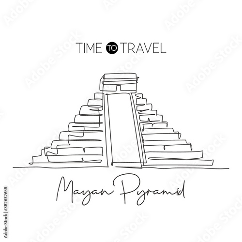 One single line drawing Chichen Itza landmark. World famous place in Yucatan, Mexico. Tourism travel postcard wall decor poster print concept. Modern continuous line draw design vector illustration