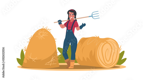 Woman with pitchfork near hayloft. Farmer prepares hay in autumn. Bio, eco food for domestic animal. Yellow straw in haystack and agricultural equipment. Vector cartoon character isolated illustration