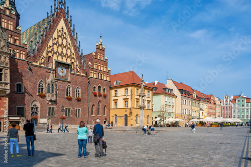 Wroclaw, Poland, Polska, Lower Silesia, Dolnoslaskie, In the foreground the old town hall in Gothic style, market square (Rynek), Europe