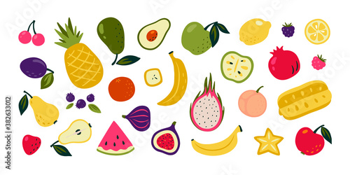 Fototapeta Naklejka Na Ścianę i Meble -  Cartoon fruits. Doodle summer berries, watermelon orange lemon, garden vegetarian organic product. Cute collection exotic delicious for wrapping paper, textile, tableware. Vector isolated tropical set