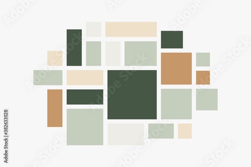 Mood board. Colored photo collage minimalist mockup, collection with mosaic grid. Photomontage or picture organize. Square green and beige frames wall ornament. Vector branding presentation template