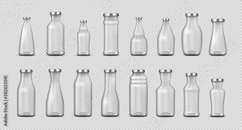 Glass bottles. Realistic empty 3D containers for milk, water, cold coffee and juice advertising. Collection closed packages in different forms mockup. Vector isolated transparent jar template set