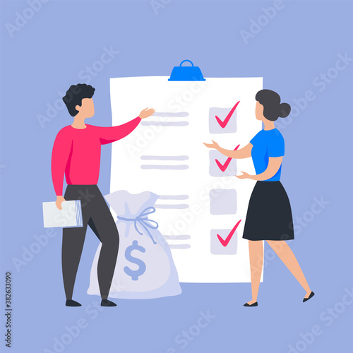 Business checklist concept. Man and woman put marks in clipboard, productive technology for reaching goals. Planner or shopping list application, web service. Vector cartoon flat office characters