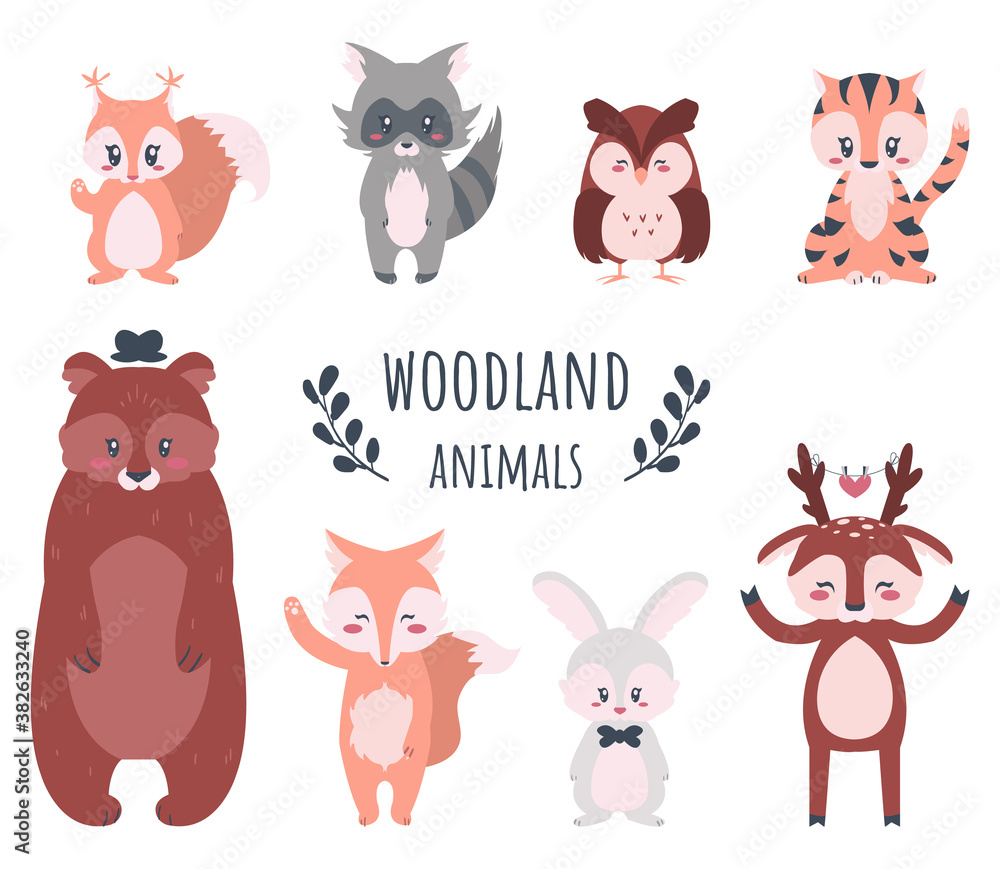 Cute forest animals. Funny cartoon woodland