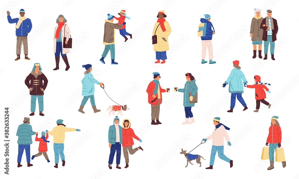 Winter people. Cartoon men and women in cozy winter clothes. Young and old human walking outdoor, urban lifestyle isolated elements. Cold season holidays activities with children and dogs vector set