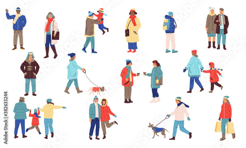 Winter people. Cartoon men and women in cozy winter clothes. Young and old human walking outdoor  urban lifestyle isolated elements. Cold season holidays activities with children and dogs vector set