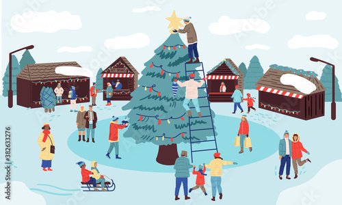Christmas market. Winter holiday in park. Cartoon families decorating xmas tree and local food and gift stores. Human outdoor festive activities greeting card template vector celebration scene