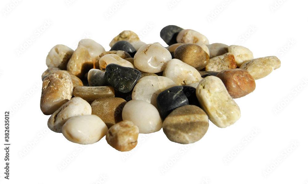 Fototapeta premium Small stones on a white background. Close-up. Crushed stone