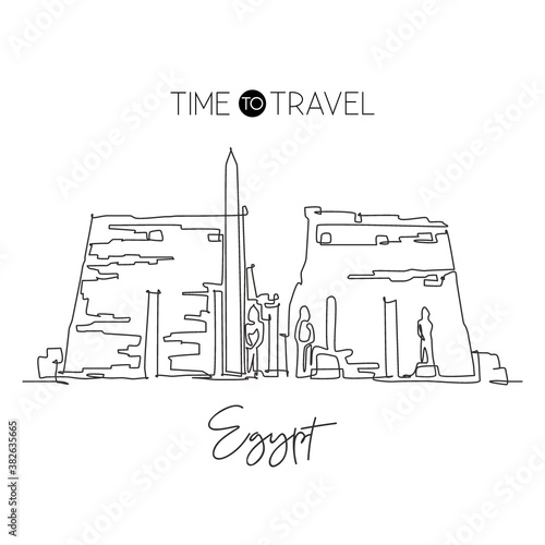 One continuous line drawing Ancient Egyptian Luxor Temple landmark. World iconic place in Egypt. Holiday vacation home decor wall art poster concept. Modern single line draw design vector illustration