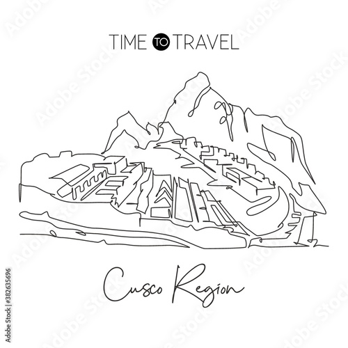 One continuous line drawing Machu Picchu landmark. World iconic place in Eastern Cordillera, Peru. Holiday vacation home wall decor poster concept. Modern single line draw design vector illustration