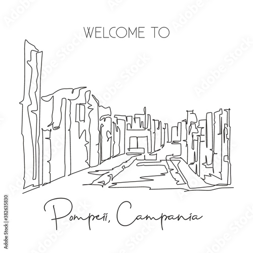 One continuous line drawing Pompeii classical Roman city landmark. Historical skyline at Naples, Italy. Holiday vacation wall decor poster concept. Trendy single line draw design vector illustration