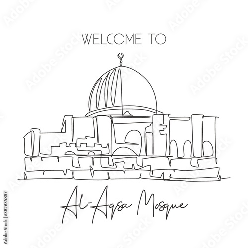 Single continuous line drawing Al Aqsa mosque landmark. Holy masjid place in Jerusalem. World travel campaign home art wall decor poster print concept. Dynamic one line draw design vector illustration