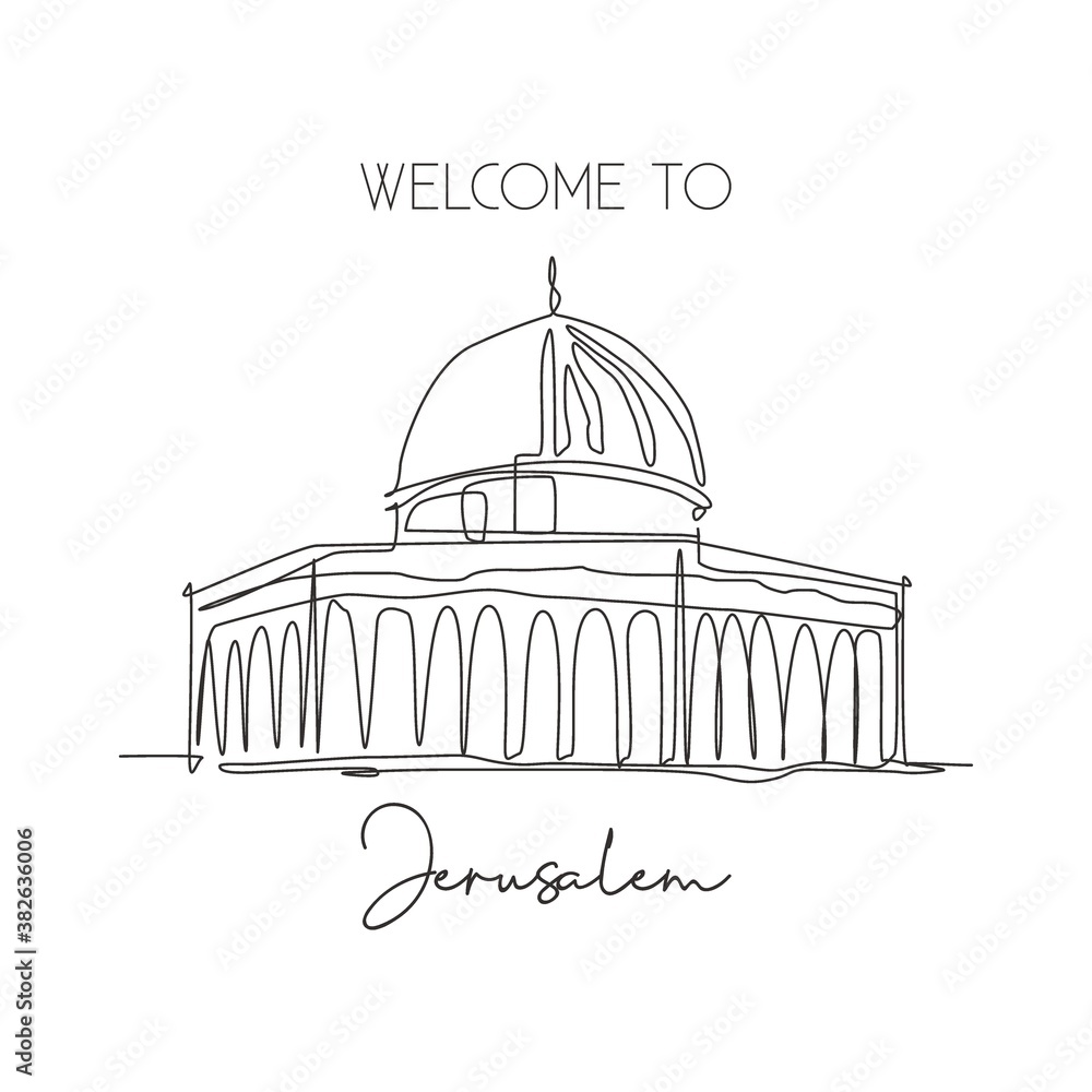 One single line drawing Dome of the Rock, Al Aqsa mosque landmark. Famous iconic in Jerusalem. Tourism postcard home wall decor poster concept. Modern continuous line draw design vector illustration