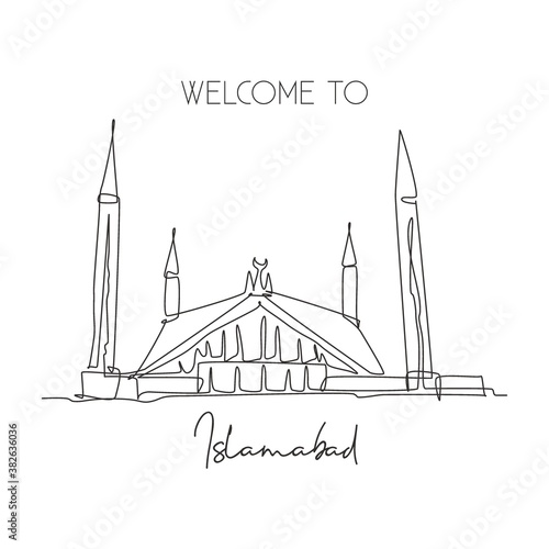 Single continuous line drawing Shah Faisal Mosque landmark. Beautiful famous place in Islambad, Pakistan. World travel home wall decor poster concept. Dynamic one line draw design vector illustration