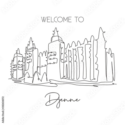 One continuous line drawing great mosque of Djenne landmark. Historical masjid in Mopti, Mali, Africa. Holiday vacation wall decor poster concept. Trendy single line draw design vector illustration