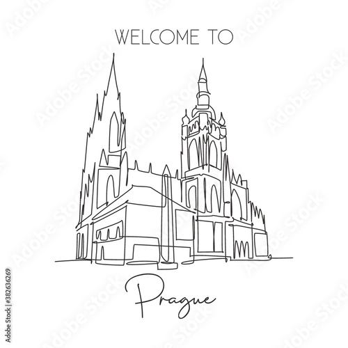 Single continuous line drawing Prague Castle landmark. Ancient castle in the world at Czech Republic. World travel home wall decor poster print concept. Simple one line draw design vector illustration