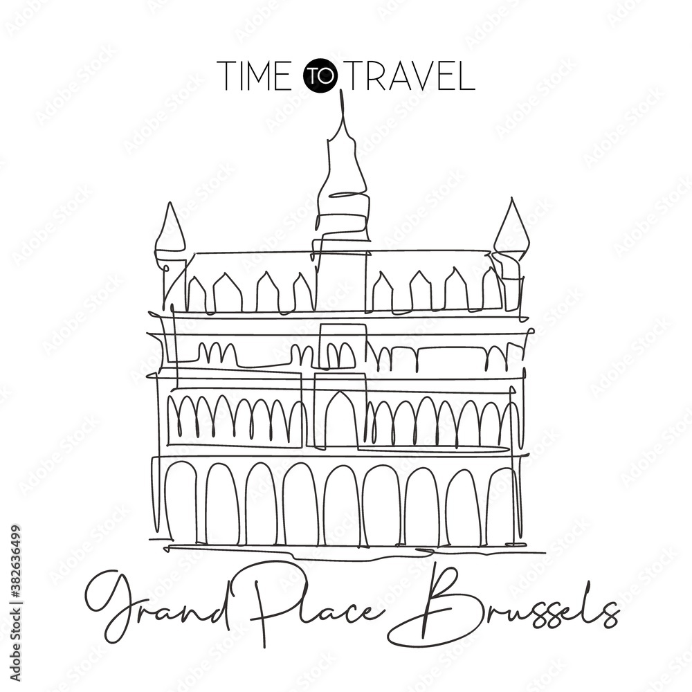 One single line drawing Grand Place Brussels landmark. Famous iconic in Belgium. Tourism travel postcard home wall decor poster print concept. Trendy continuous line draw design vector illustration