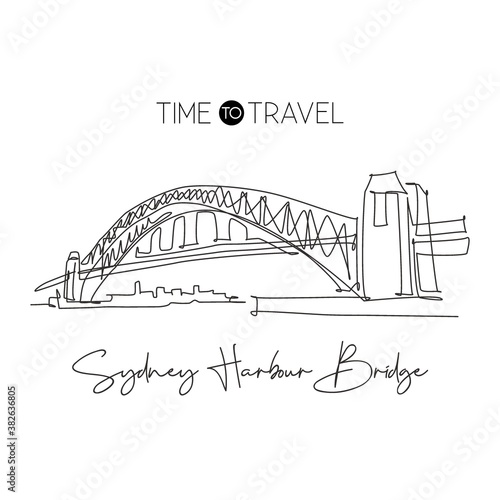 Single continuous line drawing Sydney Harbour Bridge landmark. Beautiful construction in Australia. World travel home decor wall art poster concept. Modern one line draw design vector illustration
