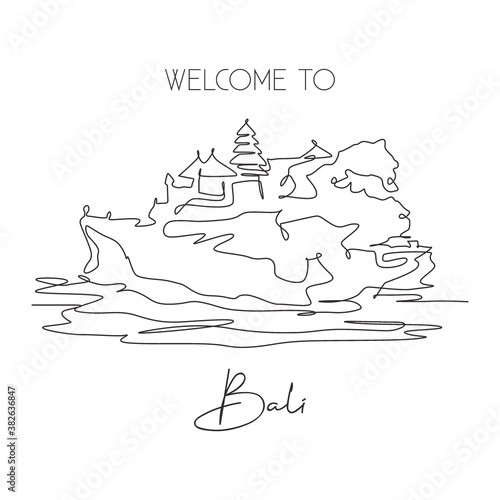 One single line drawing of Tanah Lot landmark. World famous natural hill in Bali, Indonesia. Tourism travel postcard home wall decor art concept. Modern continuous line draw design vector illustration