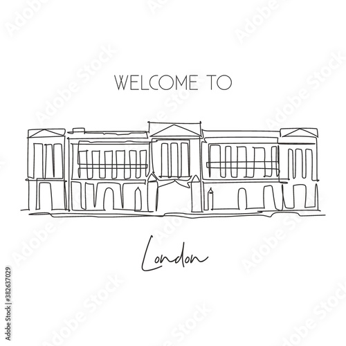 Single continuous line drawing Buckingham Palace landmark. Beautiful famous place in London, UK. World travel home decor wall art poster print concept. Modern one line draw design vector illustration