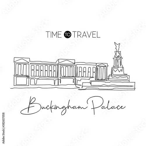 One single line drawing Buckingham Palace landmark. World famous iconic in London, England. Tourism travel postcard wall decor print art concept. Modern continuous line draw design vector illustration